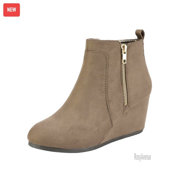 Suede Low Wedge Ankle Boots with 2.75 Inch Heel Side Zipper